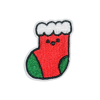 Christmas Theme Computerized Embroidery Cloth Self Adhesive Patches, Stick On Patch, Costume Accessories, Appliques, Christmas Socking, 43x32mm