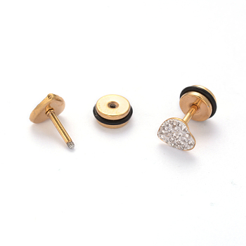304 Stainless Steel Heart Earlobe Plugs, Screw Back Earrings, with Polymer Clay Rhinestone, Golden, 7x7mm, Pin: 1mm
