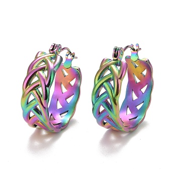 Ion Plating(IP) Rainbow Color Braided 304 Stainless Steel Hoop Earrings for Women, 20.5x20x7mm, Pin: 0.6mm