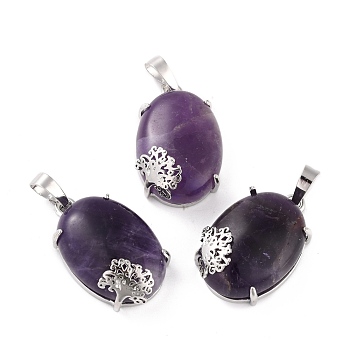 Natural Amethyst Pendants, with Platinum Tone Brass Findings, Cadmium Free & Lead Free, Oval with Tree, 28~29.5x18.5x9.5mm, Hole: 8x5mm