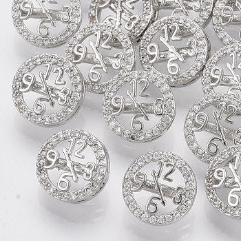 Brass Shank Buttons, with Micro Pave Cubic Zirconia, Clock, Clear, Platinum, 11x7mm, Hole: 1.4mm