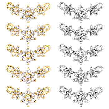 10Pcs 2 Colors Eco-friendly Rack Plating Brass Micro Pave Cubic Zirconia 2-Loop Charms, Cadmium Free & Lead Free, Long-Lasting Plated, 3-Flower Charm, Platinum & Golden, 7.5x15x3mm, Hole: 0.9mm, 5pcs/color