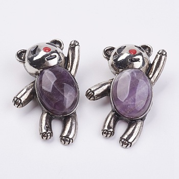Natural Amethyst Brooch, with Antique Silver Alloy Findings, Bear, 56x42mm