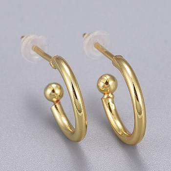 Brass Stud Earrings, Half Hoop Earrings, with Plastic Ear Nut, Long-Lasting Plated, Ring, Real 18K Gold Plated, 12x1.5mm, Pin: 0.8mm
