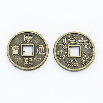 Feng Shui Chinoiserie Jewelry Findings Alloy Copper Cash Beads, Flat Round Chinese Ancient Coins with Character KangXi, Cadmium Free & Nickel Free & Lead Free, Antique Bronze, 10x1mm, Hole: 2x2mm
