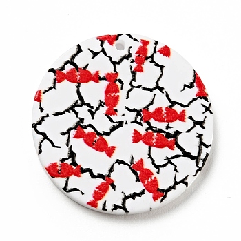Printed Acrylic Pendants, Flat Round with Candy Pattern, Red, 29.5x2mm, Hole: 1.5mm