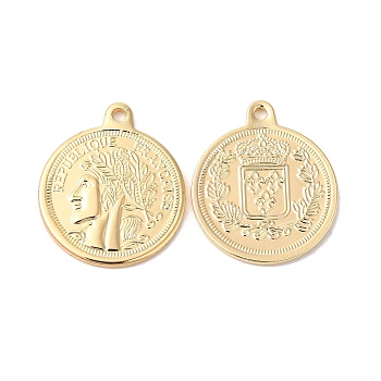 Brass Pendants, Oval with Words REPUBLIQUE FRANCAISE & Man Face , Real 18K Gold Plated, 21x18x1.5mm, Hole: 1.5mm
