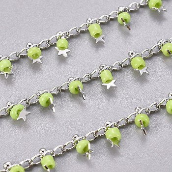 Handmade Glass Beaded Chains, with Brass Side Twisted Chains Curb Chains, with Spool, Long-Lasting Plated, Soldered, Star, Real Platinum Plated, Yellow Green, 3x1.5x0.7mm, about 32.8 Feet(10m)/roll