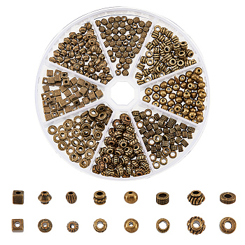 400Pcs 8 Styles Tibetan Style Alloy Spacer Beads, Cadmium Free & Lead Free, Round & Bicone & Column, Mixed Shapes, Antique Bronze, 4~6x4~4.5mm, Hole: 1~3mm, 50pcs/style
