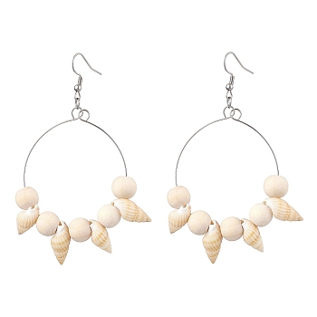 Natural Spiral Shell Dangle Earrings, with Wood Beads and 304 Stainless Steel Earring Hooks, Ring, Stainless Steel Color, 88.5x49~58mm