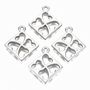 CCB Plastic Pendants, Rhombus with Hollowed Clover, Platinum, 31.5x27.5x4mm, Hole: 2mm, Side Length: 20mm, about 530pcs/500g