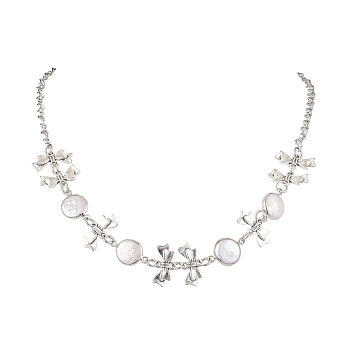 Flat Round Pearl with Bowknot Alloy Link Necklaces, Platinum, 20.08 inch(51cm)
