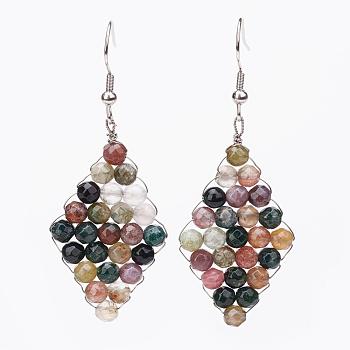 Natural Indian Agate Dangle Earrings, with 304 Stainless Steel Earring Hooks, Rhombus, 59~62mm, Pin: 0.7mm