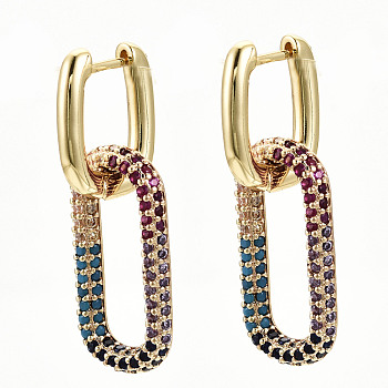 Brass Micro Pave Cubic Zirconia Huggie Hoop Earrings, Nickel Free, Oval, Colorful, Real 16K Gold Plated, 36.5mm, Pin: 0.8x1.3mm