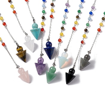Mixed Gemstone Cone Dowsing Pendulum Pendants, with Chakra Gemstone Round Beads, Rack Plating Platinum Tone Brass Findings & Chains, 235mm