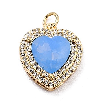 Eco-Friendly Brass Micro Pave Cubic Zirconia Pendants, with Faceted Glass & Jump Ring, Real 18K Gold Plated, Long-Lasting Plated, Heart, Cornflower Blue, 19x16.5x6.5mm, Jump Ring: 5x0.7mm, Inner Diameter: 3.6mm