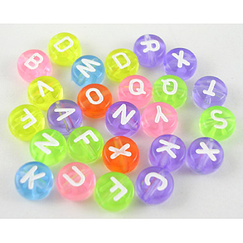 Acrylic Horizontal Hole Letter Beads, Flat Round with Random Letters, Mixed Colors, 7mm in diameter, 3.5mm thick, hole: 1mm, about 355pcs/50g