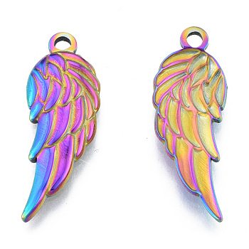 Ion Plating(IP) 201 Stainless Steel Pendants, Wing, Rainbow Color, 30.5x11x2.5mm, Hole: 2mm