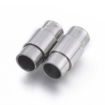304 Stainless Steel Magnetic Clasps with Glue-in Ends, Column, Stainless Steel Color, 14x8x7mm, Hole: 5mm