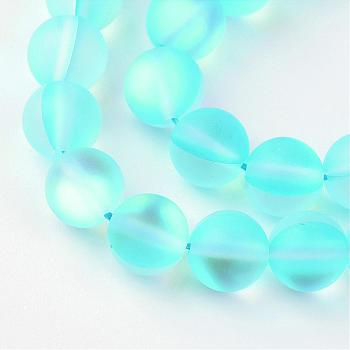 Synthetic Moonstone Beads Strands, Holographic Beads, Dyed, Frosted, Round, Deep Sky Blue, 10mm, Hole: 1mm, about 36~39pcs/strand, 14~15 inch