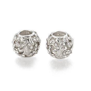 Alloy European Beads, Large Hole Beads, with Rhinestone, Rondelle with Leaf, Platinum, Crystal, 11.5x9.5mm, Hole: 5mm