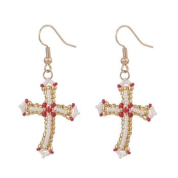 Japanese Seed Braided Cross Dangle Earrings, Golden Brass Jewelry for Women, Red, 52mm, Pin: 0.7mm
