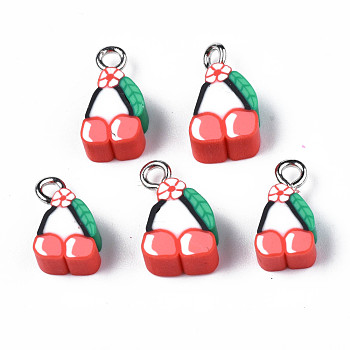 Handmade Polymer Clay Charms, with Platinum Plated Iron Loop, Imitation Food, Cherry, Orange Red, 12~15x7~9x5mm, Hole: 1.8mm