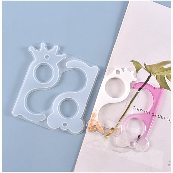 Door Opener Silicone Molds, for Epoxy Resin DIY Touchless Keychain, Crown & Bear, White, 119x115x5.5mm, Inner Size: 100~110x50~52mm, Hole: 6mm