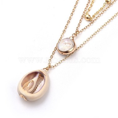 Cowrie Shell and Plated Natural Baroque Pearl Keshi Pearl Tiered Necklaces(NJEW-JN02389)-3