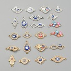 DIY 22Pcs 11 Styles Evil Eey Jewelry Making Finding Kit, Including Alloy Enamel Connector Charms & Pendants, with Crystal Rhinestones, Flat Round & Sun & Leaf & Hamsa Hand & Infinity, Platinum & Golden, 14~27.5x10~16.5x2.5~3mm, Hole: 1.7mm, 2 Pcs/style(FIND-WH0127-37)