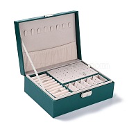 PU Imitation Leather Jewelry Organizer Box with Lock, Double Stackable Jewelry Case for Earrings, Ring, and Necklace, Rectangle, Teal, 23x17.5x8.9cm(CON-P016-B05)