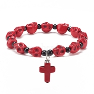 Natural Mashan Jade Skull Beaded Stretch Bracelet with Synthetic Turquoise(Dyed) Cross Charm, Gemstone Jewelry for Women, Red, Inner Diameter: 2-1/8 inch(5.5cm)(BJEW-JB08378-02)