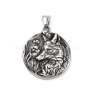 304 Stainless Steel Pendants, Flat Round with Wolf, Antique Silver, 41x36x5mm, Hole: 5x8.5mm(STAS-J039-15AS)