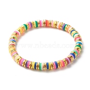 Disc Polymer Clay & Brass Beads Stretch Bracelet for Teen Girl Women, Colorful, Inner Diameter: 2-1/8 inch(5.4cm)(BJEW-JB07004-01)