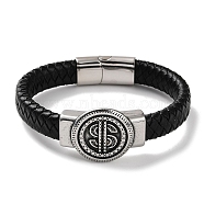 Men's Braided Black PU Leather Cord Bracelets, Lucky Money Dollar Sign 304 Stainless Steel Link Bracelets with Magnetic Clasps, Antique Silver, 8-1/2 inch(21.6cm)(BJEW-K243-14AS)