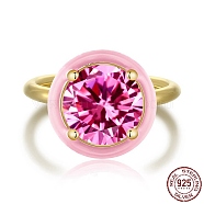 925 Sterling Silver Rings, Birthstone Ring, Real 18K Gold Plated, with Enamel & Cubic Zirconia for Women, Flat Round, Pink, 1.8mm, US Size 7(17.3mm)(RJEW-A019-44B-01G)