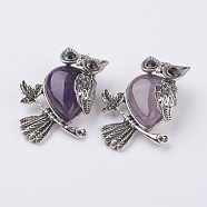 Natural Amethyst Pendants, with Alloy Finding, Owl, Antique Silver, 46.5x35.5x11.5mm, Hole: 6x8.5mm(G-E442-01Q)