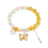Round Natural Quartz Crystal(Dyed & Heated) & Shell Pearl Beaded Stretch Bracelet, Glass Butterfly & Brass Flower Charms Bracelet for Women, Inner Diameter: 2 inch(5.1cm)(BJEW-TA00191-04)
