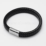 Braided Leather Cord Bracelets, with 304 Stainless Steel Magnetic Clasps, Black, 206x12x6mm(BJEW-I200-08)