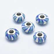 Handmade Polymer Clay European Beads, with Silver Color Plated Brass Cores, Large Hole Beads, Rondelle with Stripe Pattern, Deep Sky Blue, 13~16x8~11mm, Hole: 4.5~5mm(CLAY-K002-E05)
