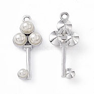 Alloy Pendants, with ABS Imitation Pearl Beads, Key Charm, Platinum, 28x12x6.5mm, Hole: 1.8mm(PALLOY-P287-15P)