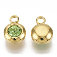 Rhinestone Charms, August Birthstone Charms, with 201 Stainless Steel, Flat Round, Golden, Peridot, 9x6.5x4mm, Hole: 1.8mm(STAS-S105-JN920-8)