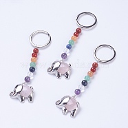 Natural Rose Quartz Chakra Keychain, with Mixed Stone and Platinum Plated Brass Key Findings, Elephant, 92mm, Ring: 24x2mm, Bead: 6~7mm, Pendant: 23x26x7mm(KEYC-P040-E07)