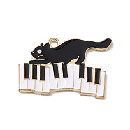 Music Theme Charm, Alloy Enamel Pendants, Cat with Piano, Golden, White, 20x28x1.2mm, Hole: 2mm(X-ENAM-M049-04G-B)