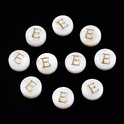 Natural Freshwater Shell Beads, with Golden Plated Brass Etched Metal Embellishments, Flat Round with Letter, Letter E, 7.5~8x4~5mm, Hole: 0.8mm(SHEL-N036-01E)