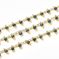 3.28 Feet Handmade Glass Beaded Chains, with Brass Eye Pins, Golden, Soldered, Round, Faceted, Dark Green, 2.5x2x0.4mm, Beads: 3x2mm(X-CHC-K008-B08)