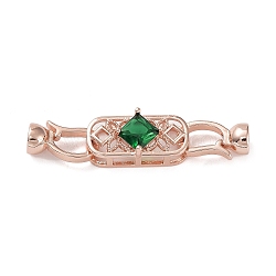 Rack Plating Brass Pave Green Glass Fold Over Clasps, Long-Lasting Plated, Cadmium Free & Lead Free, Oval, Rose Gold, 14x7.5x6mm, Hole: 4.5mm, Pin: 0.8mm, Oval: 20x9.5x8mm(KK-B078-12RG)