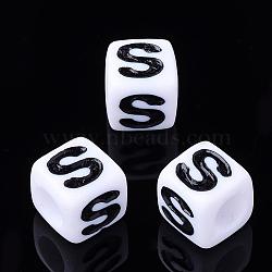 Acrylic Horizontal Hole Letter Beads, Cube, Letter S, White, Size: about 7mm wide, 7mm long, 7mm high, hole: 3.5mm, about 2000pcs/500g(PL37C9129-S)