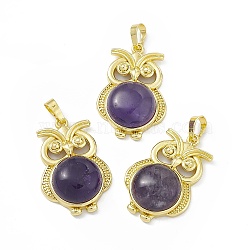 Natural Amethyst Pendants, Owl Charms, with Golden Tone Rack Plating Brass Findings, Cadmium Free & Lead Free, 35x23.5x9mm, Hole: 8x4.5mm(G-H283-03D)
