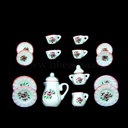 Mini Porcelain Tea Set, including 2Pcs Teapots, 5Pcs Teacups, 8Pcs Dishes, for Dollhouse Accessories, Pretending Prop Decorations, Floral Pattern, 121x86x25mm, 15pcs/set(BOTT-PW0001-213A-01)